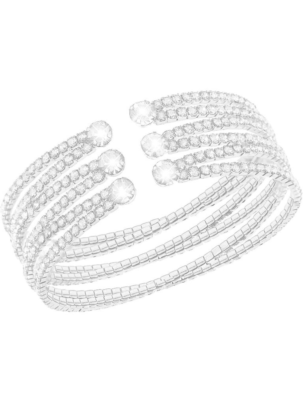 Womens White Silver Rhinestone Multilayer Cuff Crystal Bridal Statement Bracelet